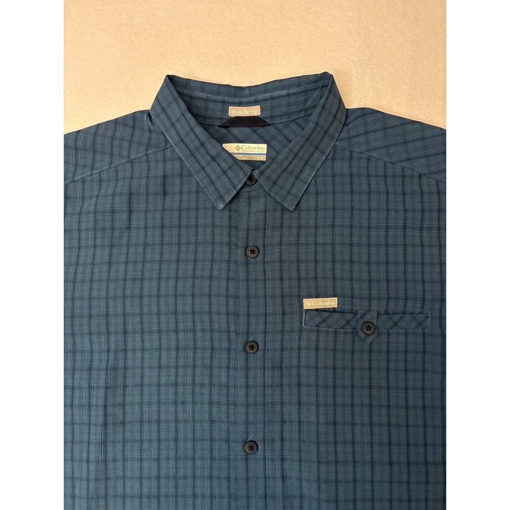Columbia Mens Blue Plaid Short Sleeve Button Down Shirt Regular Fit Large L/G